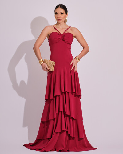 Foto Vestido Longo Crepe com Babado em Camadas Cereja