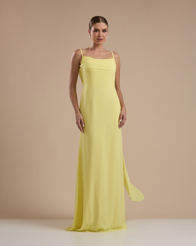 Foto Vestido de Festa Longo Crepe Chiffon Costas Lenço Cauda Amarelo Manteiga