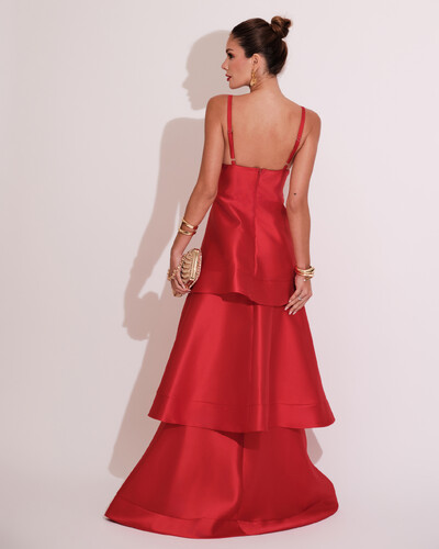FotoVestido de Festa Longo Zibeline em Camadas Decote em V com Alças Vermelho