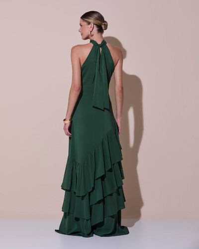 Foto Vestido de Festa Longo Chiffon Crepe Gola Alta Babados Verde Escuro New
