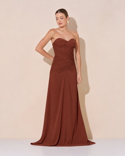 Foto Vestido de Festa Longo Decote Coração Crepe Chiffon Drapeado Plissado Lenço Marrom New