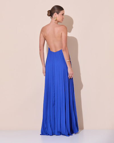 Foto Vestido de Festa Longo Frente Única Plissado Crepe Chiffon Argola Azul Royal
