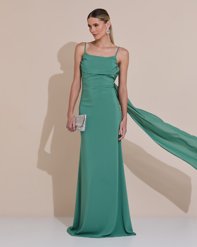 Foto Vestido de Festa Longo Crepe Chiffon Costas Lenço Cauda Verde Matcha Escuro