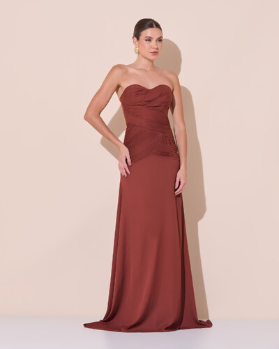 Foto Vestido de Festa Longo Decote Coração Crepe Chiffon Drapeado Plissado Lenço Marrom New