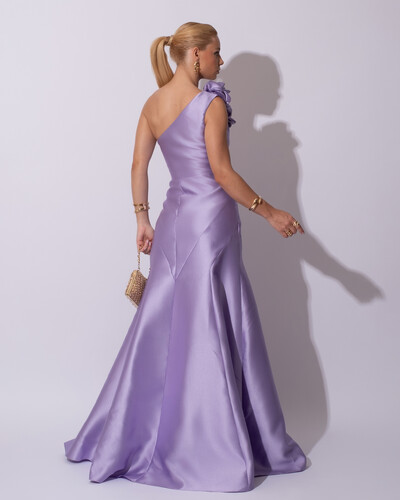 FotoVestido de Festa Longo Zibeline um Ombro Só Flor Removível Saia Sereia Lilás