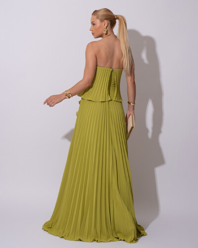 FotoVestido de Festa Longo Crepe Chiffon Tomara que Caia Plissado com Babado Cascata Verde Pistache