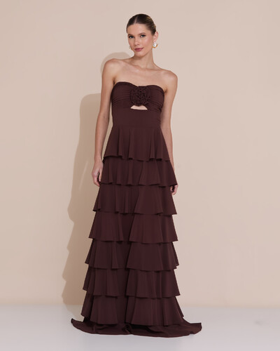 Foto Vestido de Festa Longo Crepe Chiffon Tomara que Caia Plissado Flor Camadas Marrom
