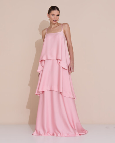 Foto Vestido de Festa Longo Decote Reto Alças Finas Cetim Camadas Rose Gold