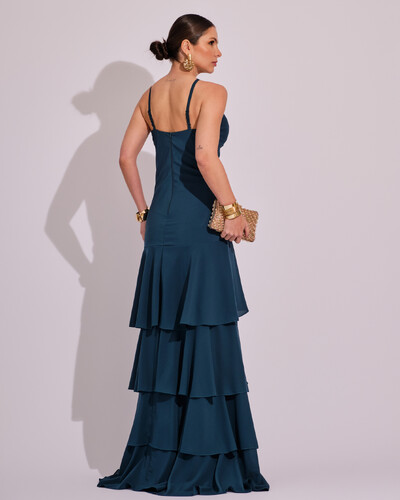 FotoVestido Longo Frente Única em Crepe com Babados e Camadas Verde