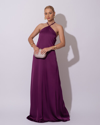 Foto Vestido Longo de Cetim com Decote Triangular e Amarração nas Costas Degagê Roxo