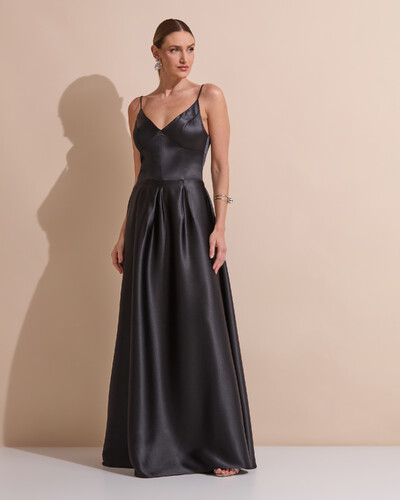 Foto Vestido de Festa Longo Alça Fina Decote V Cetim Saia Evasê Preto