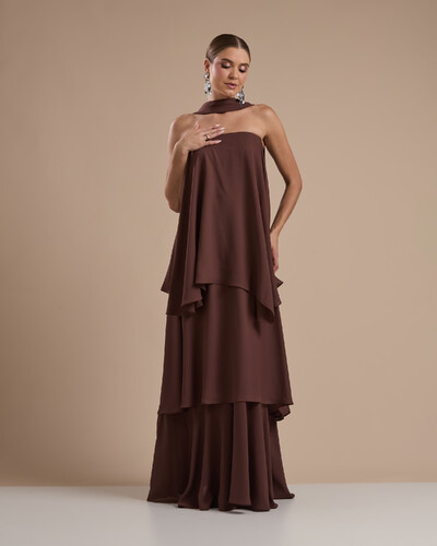 Foto Vestido de Festa Longo Chiffon Crepe em Camadas com Lenço Marrom