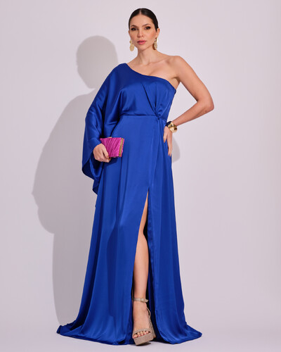 Foto Vestido Longo de Cetim Fluido uma Manga e Detalhe Torcido Azul Royal