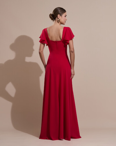 FotoVestido de Festa Longo Crepe Chiffon Manga Babado e Fenda Vermelho