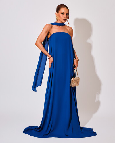 Foto Vestido de Festa Longo Crepe Tomara que Caia com Lenço Azul Royal