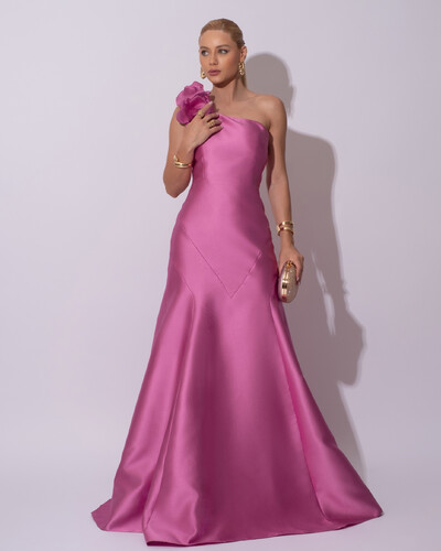 Foto Vestido de Festa Longo Zibeline um Ombro Só Flor Removível Saia Sereia Rosa