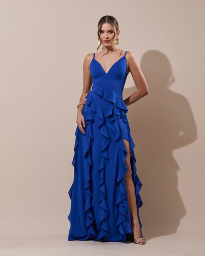 Foto Vestido de Festa Longo Decote V Crepe Chiffon Babados Cascata e Fenda Azul Royal