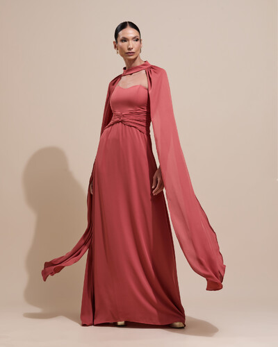 Foto Vestido de Festa Longo Tomara Que Caia Crepe Chiffon Drapeado Capa Terracota