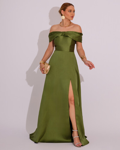 Foto Vestido de Festa Longo Ombro a Ombro Laço Zibeline com Fenda Verde Oliva