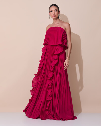 Foto Vestido de Festa Longo Crepe Chiffon Tomara que Caia Plissado com Babado Cascata Cereja