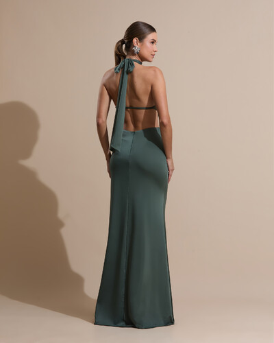 Foto Vestido de Festa Longo Malha Jersey Gola Alta Saia Sereia Verde Oliva