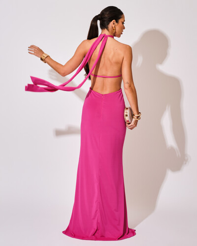 FotoVestido de Festa Longo Malha Jersey Gola Alta Saia Sereia Pink