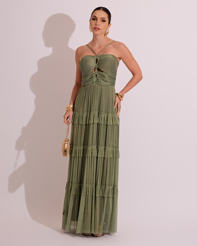 Foto Vestido de Festa Longo Tule com Saia Babado Verde Oliva