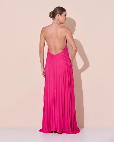 Foto Vestido de Festa Longo Frente Única Plissado Crepe Chiffon Argola Pink Escuro