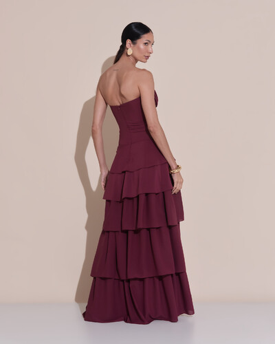 Foto Vestido de Festa Longo Tomara que Caia Drapeado Crepe Chiffon Babados Camadas Marsala