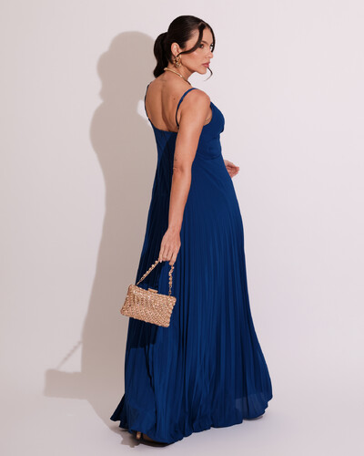 FotoVestido de Festa Longo Plissado Crepe Chiffon com Alça Azul
