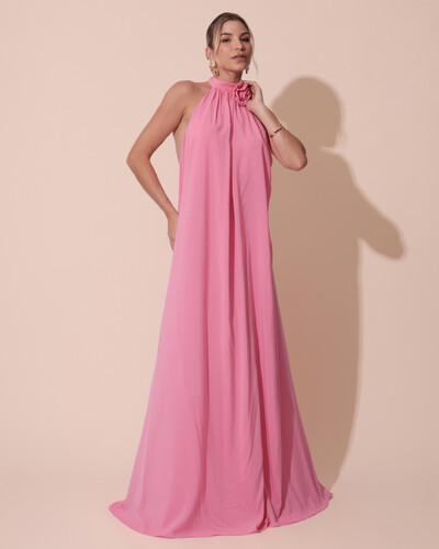 Foto Vestido Longo Crepe Chiffon Frente Única Fluido Flor Removível Rosa