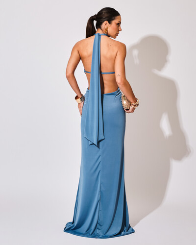 FotoVestido de Festa Longo Malha Jersey Gola Alta Saia Sereia Azul Atlantis