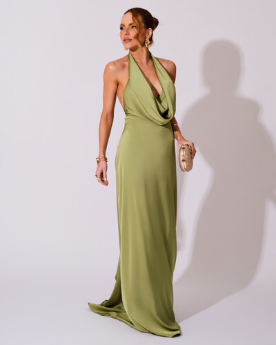 Foto Vestido de Festa Longo Frente Única Degagê Cetim Fluido Verde Pistache