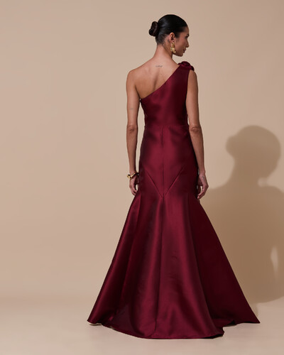 Foto Vestido de Festa Longo Zibeline um Ombro Só Flor Removível Saia Sereia Marsala Escuro