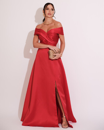 Foto Vestido de Festa Longo Zibeline Ombro a Ombro com Fenda Vermelho