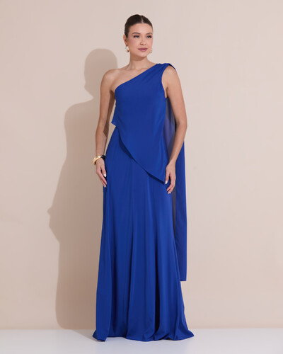 Foto Vestido de Festa Longo Um Ombro Só Crepe Chiffon Lenço Azul Royal