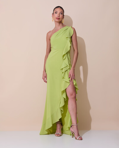 Foto Vestido de Festa Midi Um Ombro Só Crepe Chiffon Babados Cascata Fenda Verde Garden