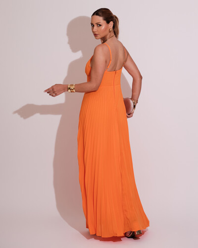 FotoVestido de Festa Longo Plissado Crepe Chiffon com Alça Laranja