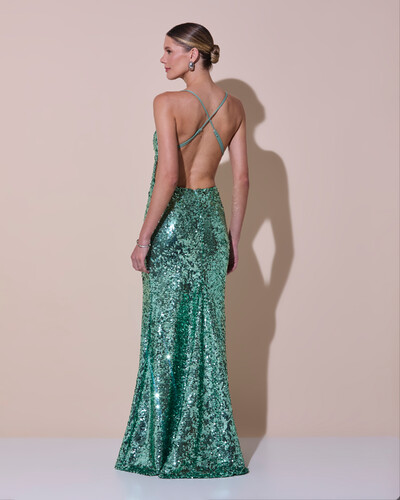 Foto Vestido de Festa Longo Decote V Paetê Alças Finas Saia Sereia Verde Menta