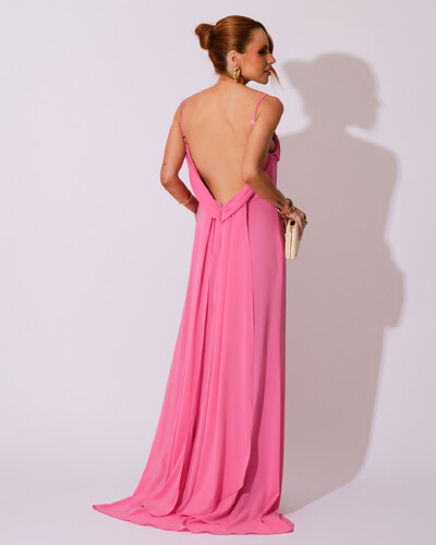Foto Vestido de Festa Longo Crepe Chiffon Costas Lenço Cauda Rosa