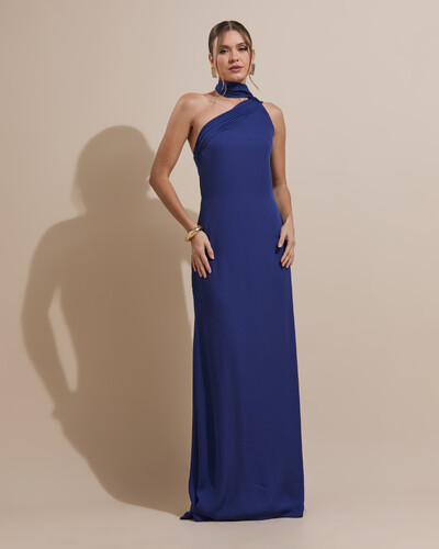 Foto Vestido de Festa Longo Crepe Chiffon Um Ombro Só Drapeado Azul Marinho