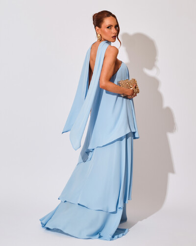 FotoVestido de Festa Longo Chiffon Crepe em Camadas com Lenço Serenity