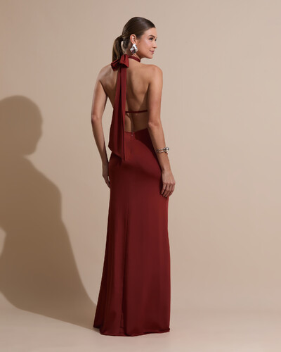 Foto Vestido de Festa Longo Malha Jersey Gola Alta Saia Sereia Terracota