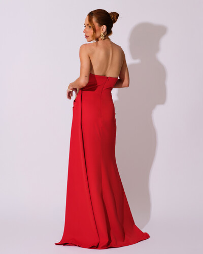 FotoVestido de Festa Longo Alfaiataria Tomara que Caia Drapeado Faixa Vermelho