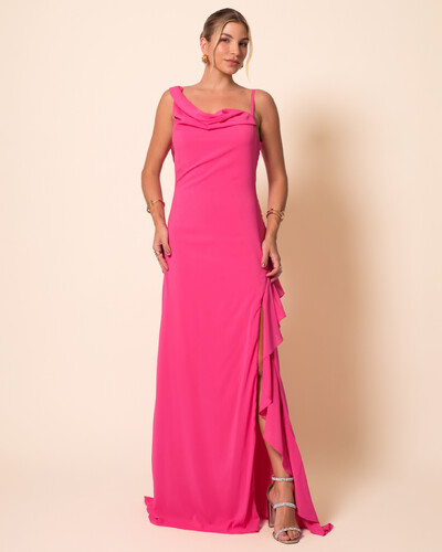 Foto Vestido de Festa Longo Crepe Chiffon Degagê com Fenda e Babado Cascata Pink New