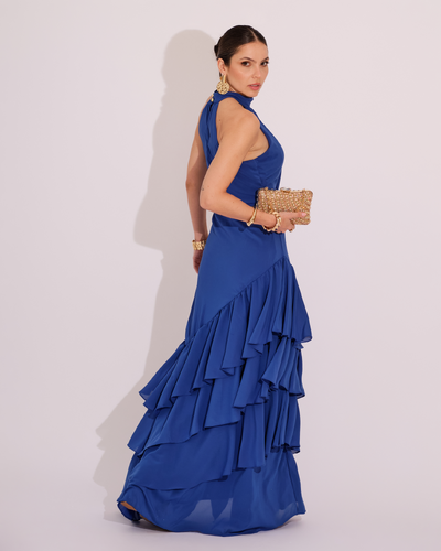 FotoVestido de Festa Longo Decote Halter com Babados Azul Royal