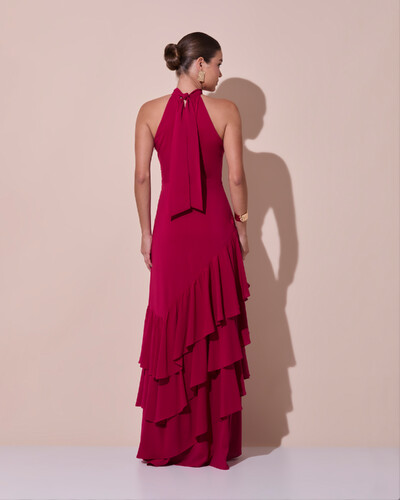 Foto Vestido de Festa Longo Chiffon Crepe Gola Alta Babados Cereja