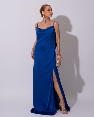 Foto Vestido de Festa Longo Babado Costas Cetim Fluido e Fenda Azul Royal