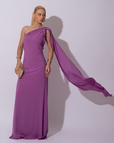 Foto Vestido de Festa Longo Crepe Chiffon Um Ombro Só Drapeado Lenço Fixo Fúcsia