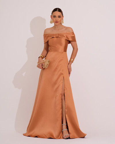 Foto Vestido de Festa Longo Ombro a Ombro Laço Zibeline com Fenda Mocha Mousse